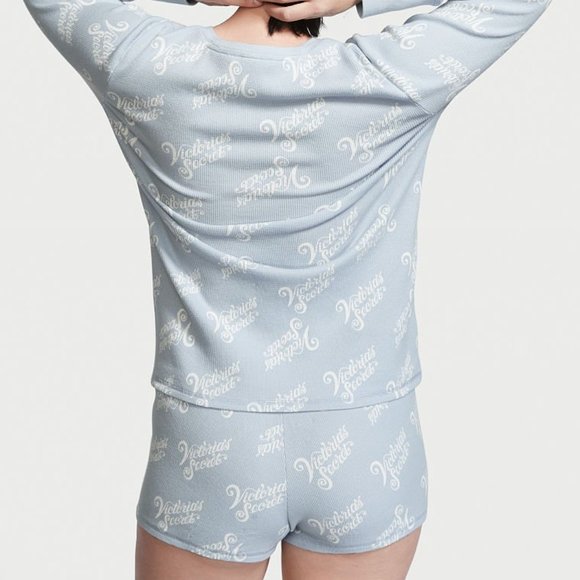 L VS Thermal Short PJ Set Blue w/ Victoria's Secret Script NWT Cute Adorable - Picture 4 of 9